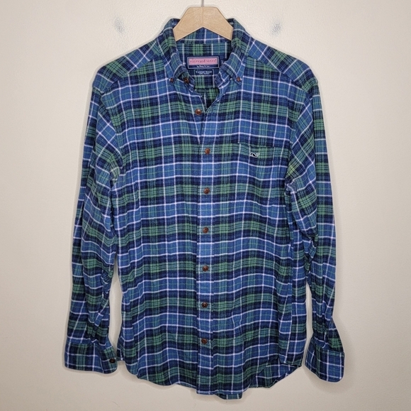 Vineyard Vines | Navy Green Plaid Tucker Flannel Button Up Shirt Size Small - Picture 1 of 4